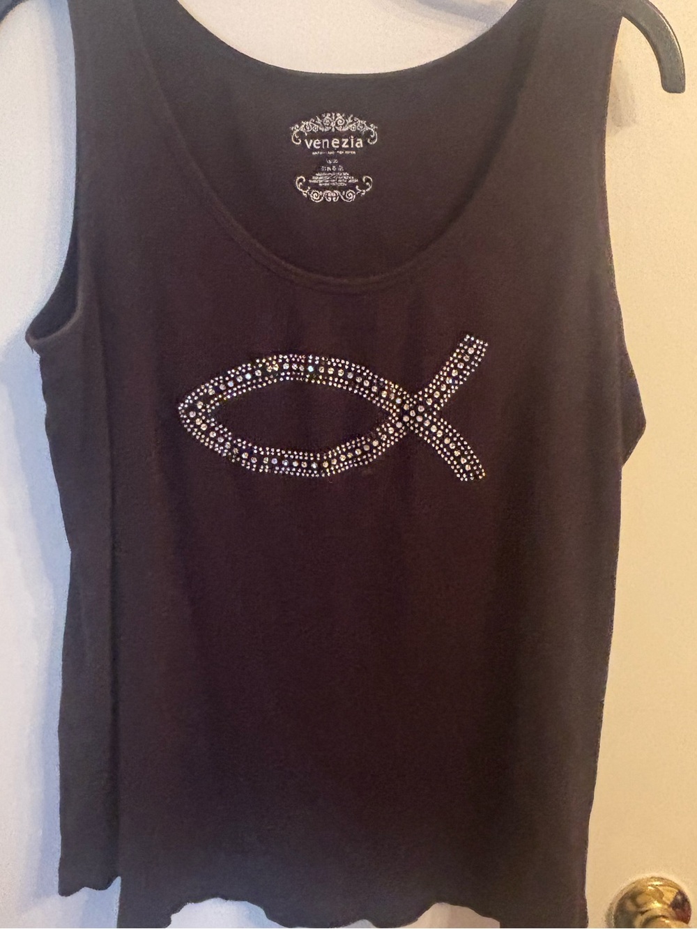 Venezia Black Tank Top with Rhinestone Fish Motif
